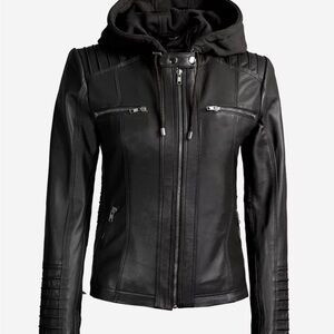 Elegant Black Genuine Leather Hooded Jacket